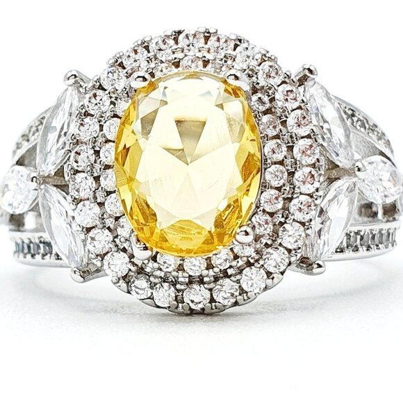 ▶Noble Hollow Beautiful Oval Crystal Royal Yellow CZ Silver Ring for Women L073